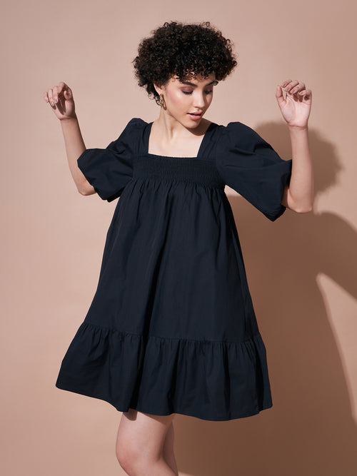 TIFFANY Women Black Cotton Poplin Puff Sleeves Tiered Dress