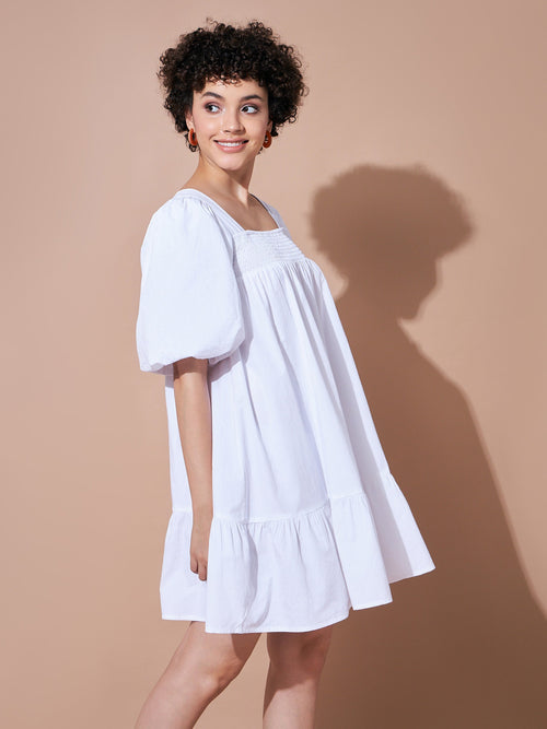 TIFFANY Women White Cotton Poplin Puff Sleeves Tiered Dress