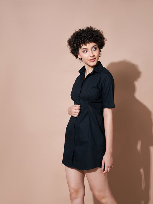 LYA Women Black Cotton Poplin Shirt Dress